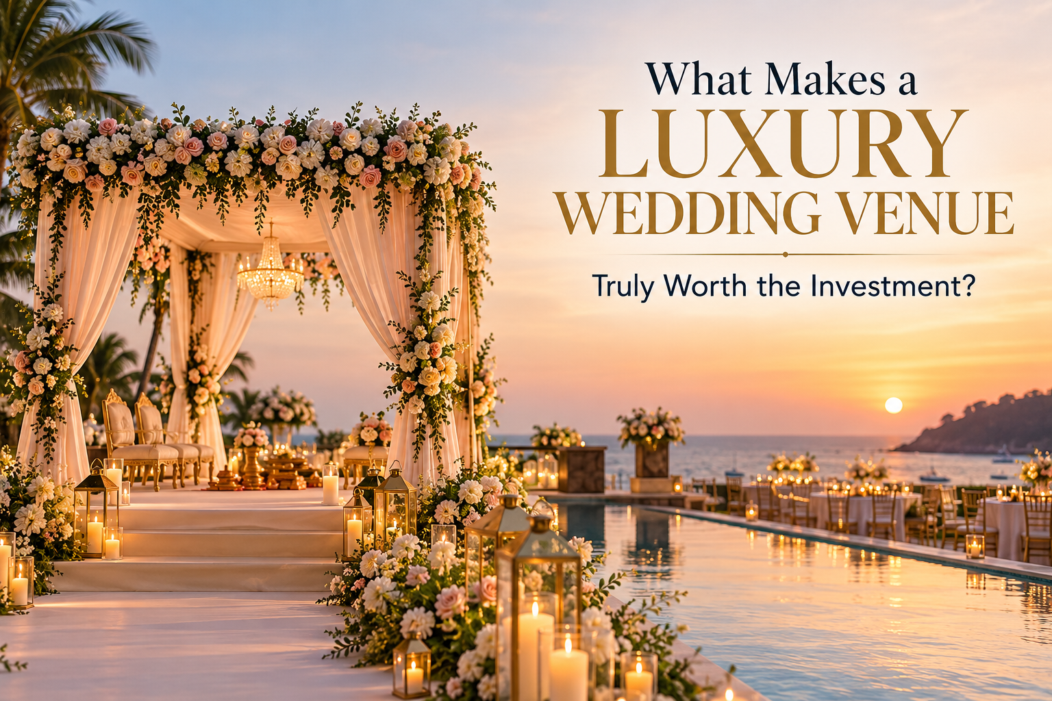 Sunset luxury wedding venue with a flower-adorned arch, chandeliers, and candlelit aisle along a poolside walkway.